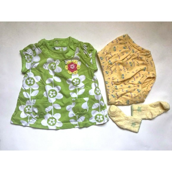 Girl's Size 3M 0-3 Months 3 Pc Carter's Green Floral Pocket Dress, Diaper Cover+ - Picture 1 of 6